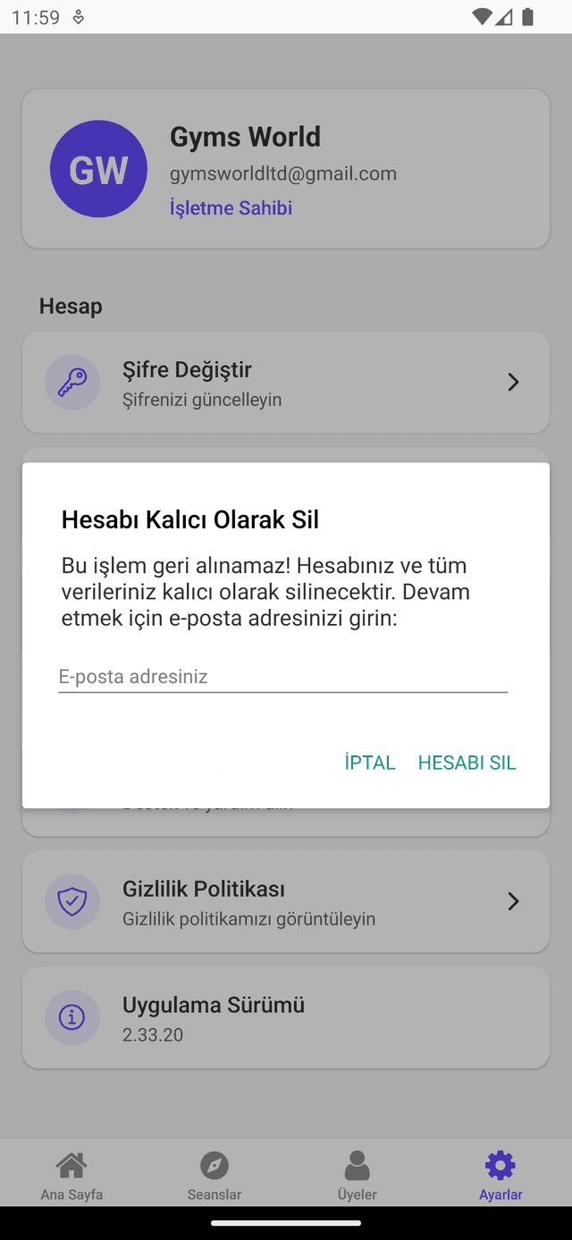 Hesap Silme Onayı Ekran Görüntüsü